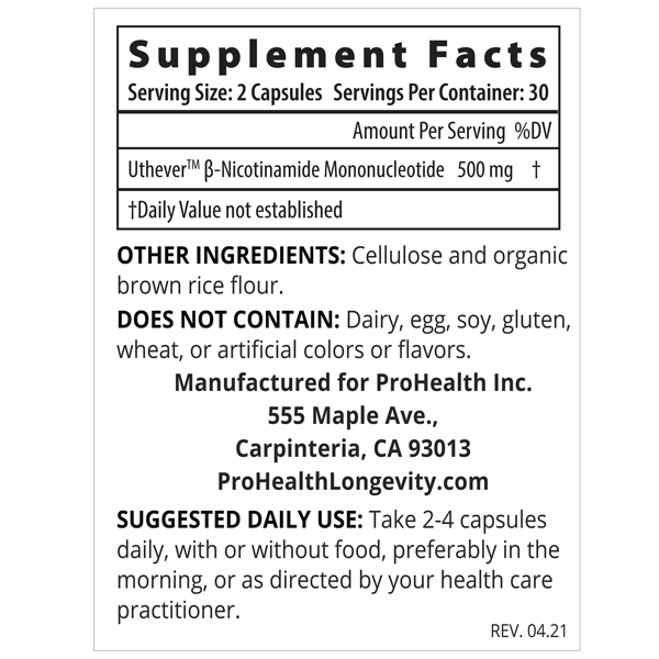 ProHealth Longevity NMN Pro 500 Uthever Supplement Facts